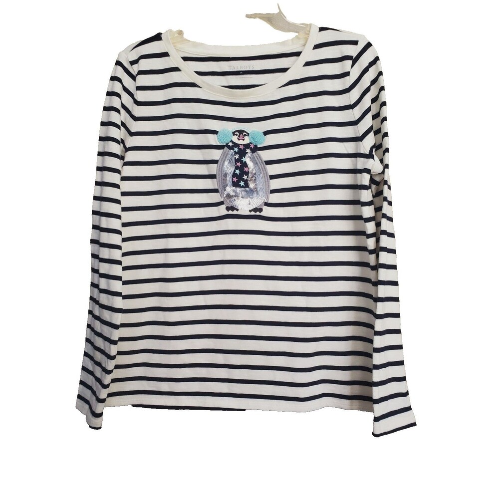 Talbots Cotton Striped Sequined Penguin Long Sleeve T-Shirt Size MED NWT